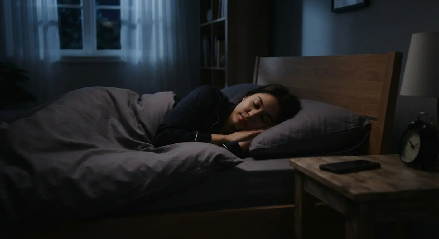 Uma mulher jovem de cabelos escuros dorme tranquilamente de lado em uma cama de madeira. Ela usa um pijama azul-marinho de mangas compridas com detalhes brancos. O quarto está na penumbra, com luz natural azulada da noite entrando por uma janela ao fundo protegida por cortinas brancas translúcidas. Em primeiro plano, uma mesa de cabeceira rústica de madeira exibe um despertador analógico preto, um abajur de cúpula branca apagado e um smartphone preto virado para baixo e afastado da cama, simbolizando uma rotina de sono saudável.