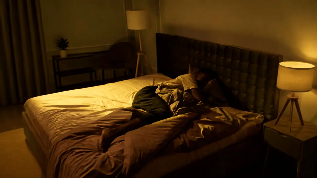 Uma pessoa deitada de bruços dormindo em uma cama de casal. O quarto está na penumbra, iluminado apenas pela luz amarela e suave de dois abajures tripés de madeira nas laterais. Na mesa de cabeceira em primeiro plano, há um abajur aceso, e o ambiente transmite uma sensação de tranquilidade e aconchego à noite.